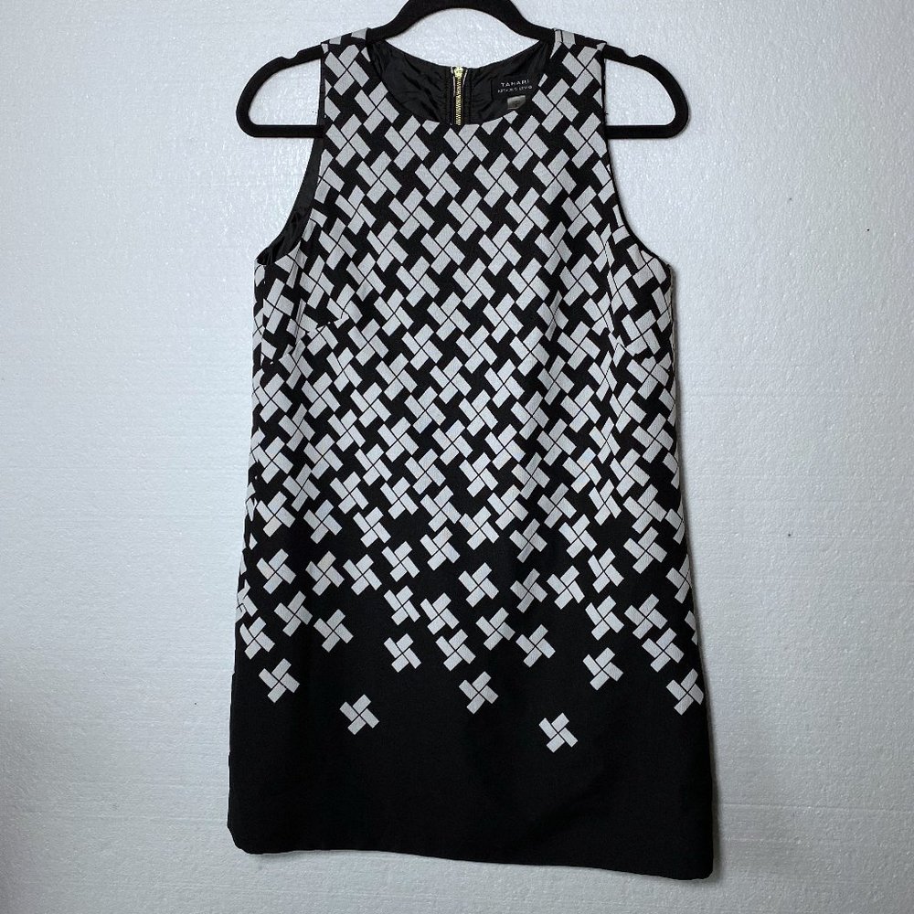 Tahari Women's Size 8 Geometric Shift Sleeveless Dress Career Black White Zipper